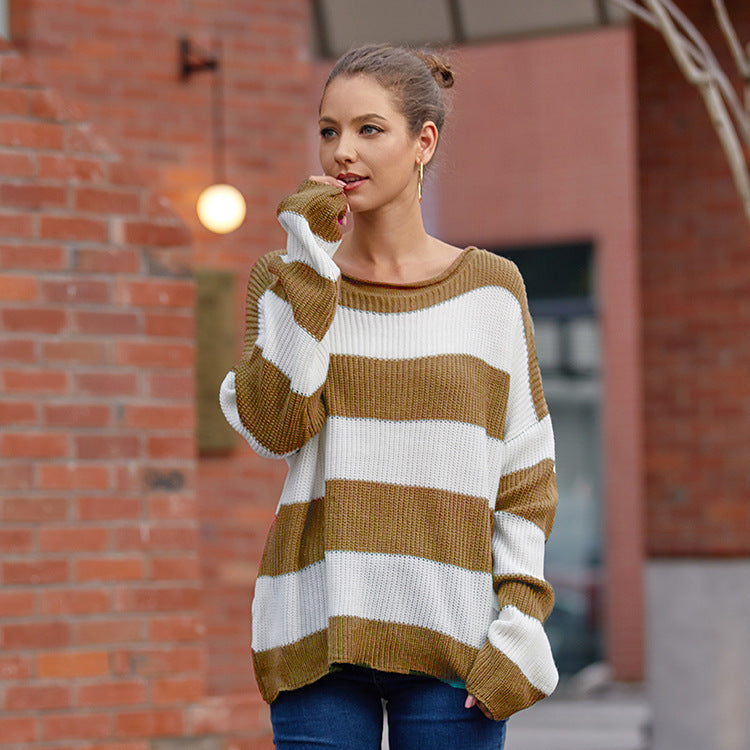 Women's Curling With Round Neck Striped Color Knitwear