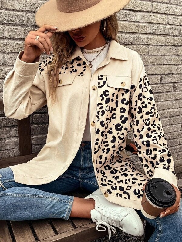 Women's Leopard Print Single Breasted Mid-length Shirt Jackets
