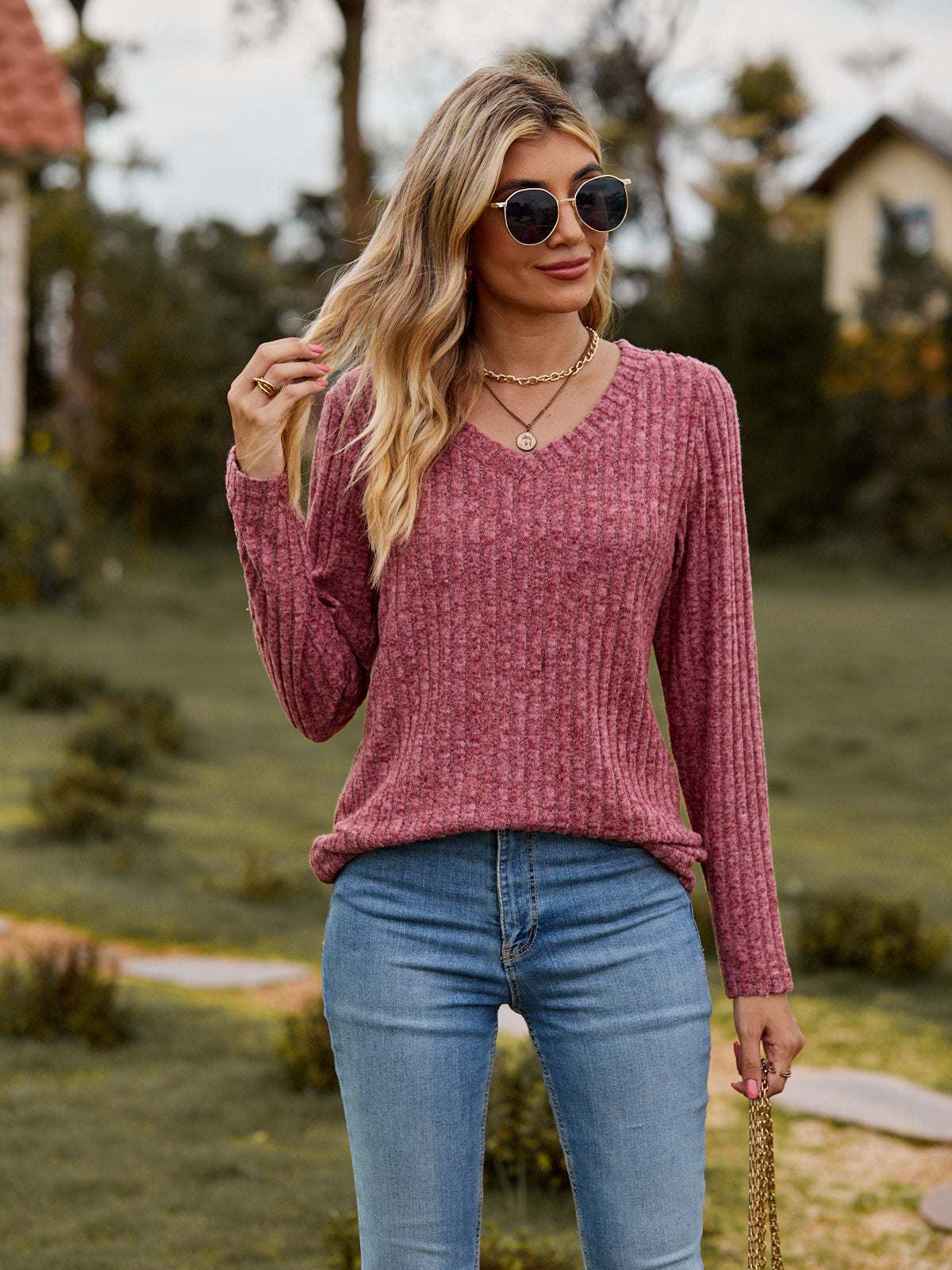 Women's Brushed Sunken Stripe Solid Color Upper Clothes Knitwear