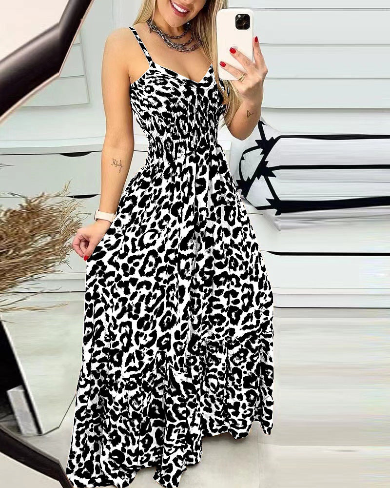 Women's Leopard Print Suspender Dress Summer Sexy Temperament Dresses