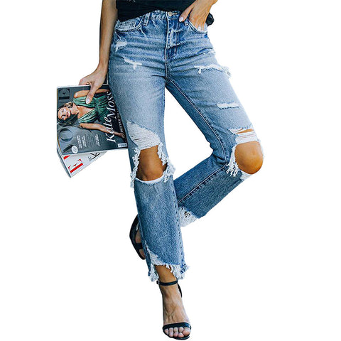 Women's Fashion Wear Summer Solid Color Ripped Jeans
