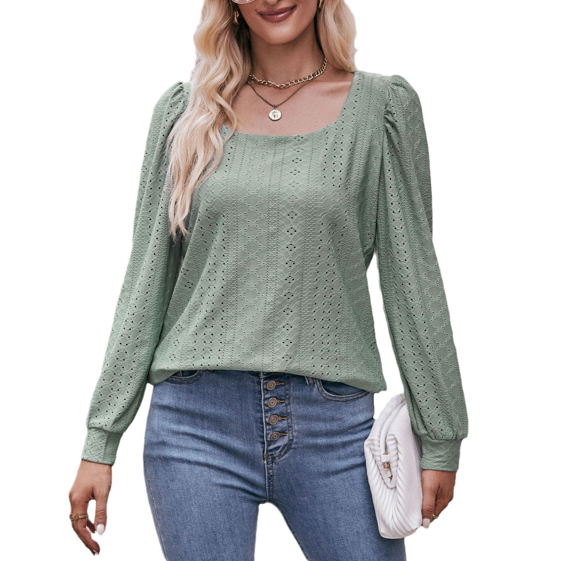 Women's Autumn Square Neck T-shirt Hole Long Blouses