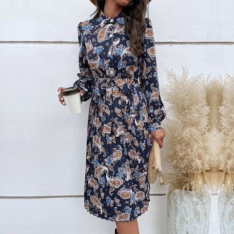 Women's Beautiful Long-sleeved Lapel Floral Dress Dresses