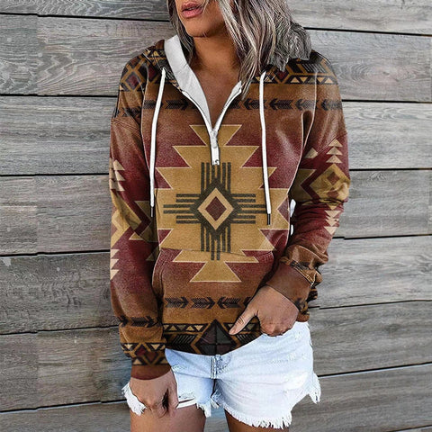 Women's Western Ethnic Print Zipper Hoodie Sweaters