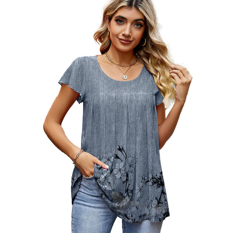 Women's Mesh Floral Print Short-sleeved Shirt With Blouses