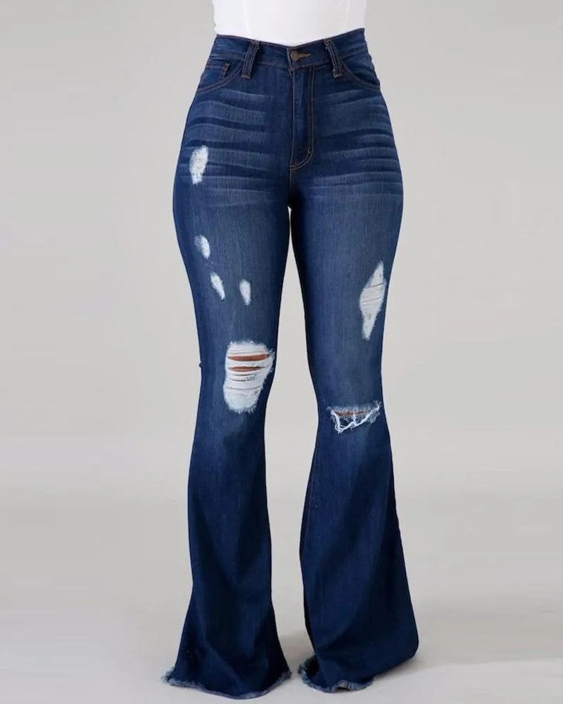 Creative High Elastic Ripped Waist Flared Jeans