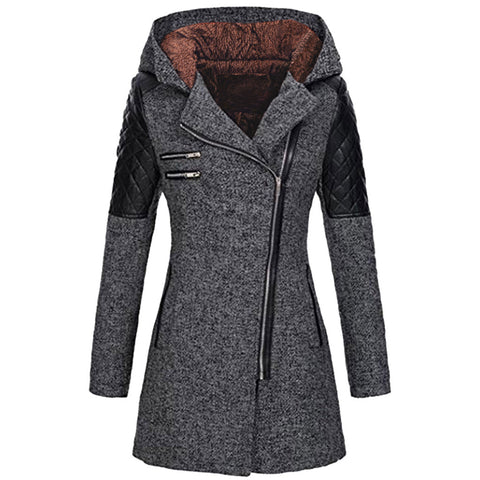 Women's Oblique Zipper Hooded Thickened Thermal Woolen Coats