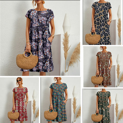 Women's Fashionable Loose Cotton And Linen Sleeveless Round Neck Printed Dresses