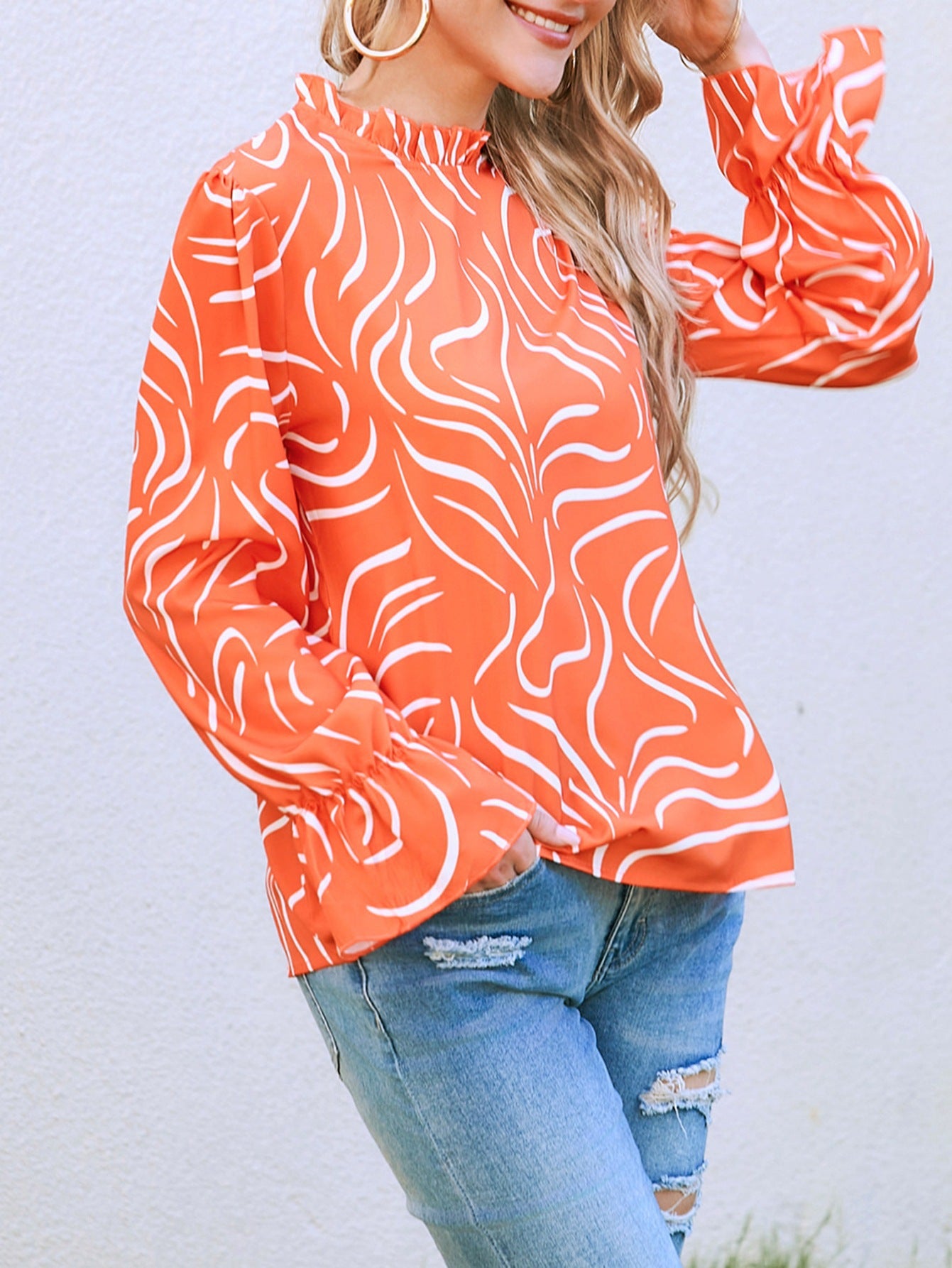 Autumn Water Ripple Printed Bell Sleeve Blouses