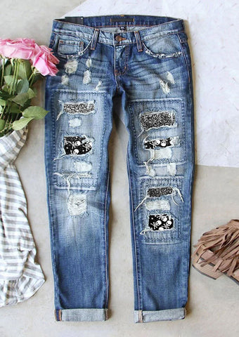 Women's Classy Ripped Print Patch Long Jeans