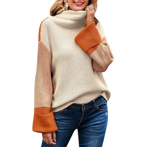 Women's Turtleneck Long Sleeve Color Matching Knitting Sweaters