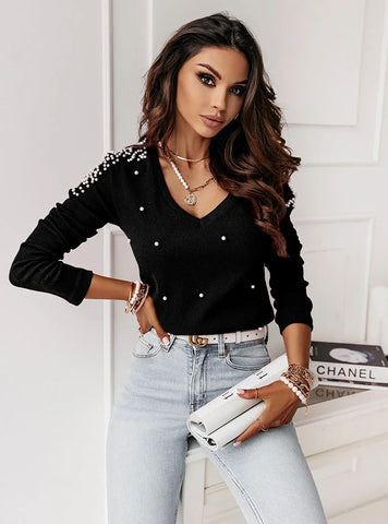 Autumn Solid Color Long Sleeve Beaded Blouses