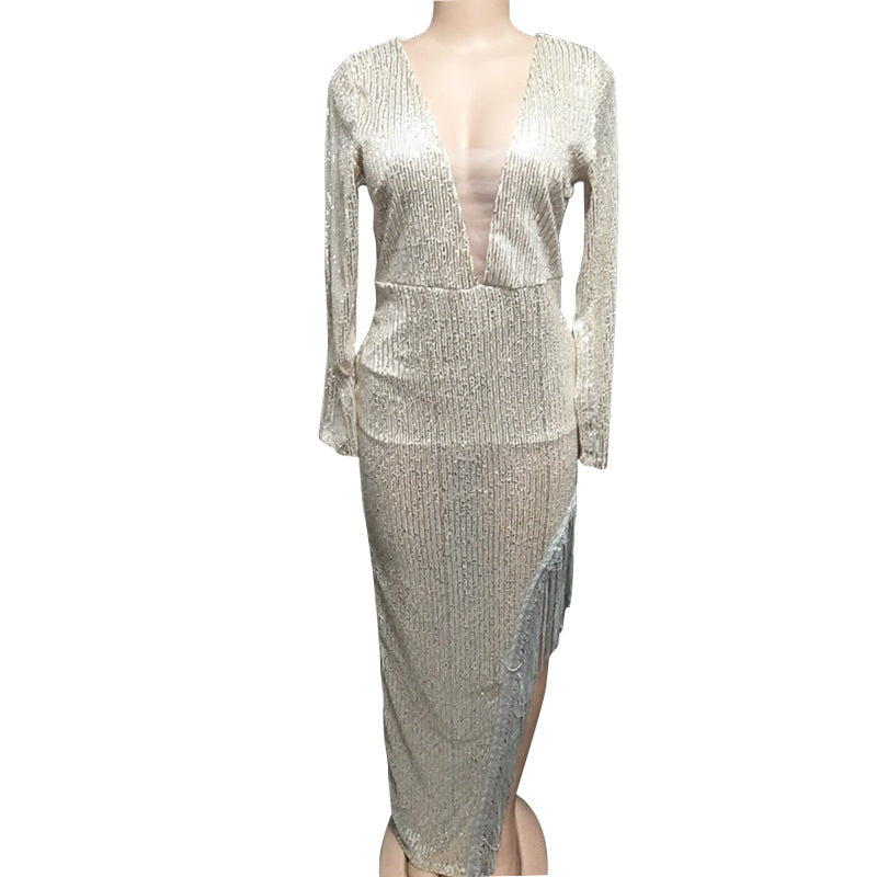 Women's Sequin Deep V Long Sleeve Side Dresses