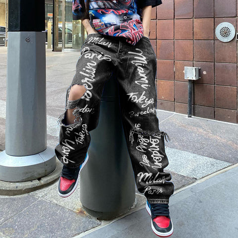 Versatile Combined Ripped Brushed Printed Street Jeans