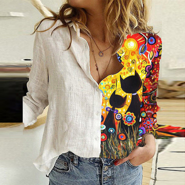 Women's Graffiti Printing Long Sleeve Color Shirt Blouses