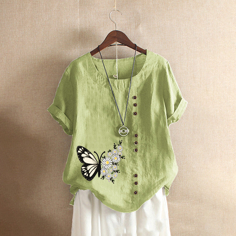 Women's Large Casual Loose Cotton And Linen Sleeve Blouses