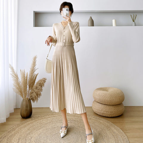 Cinched Pleated Classic Knitted Match With Dresses