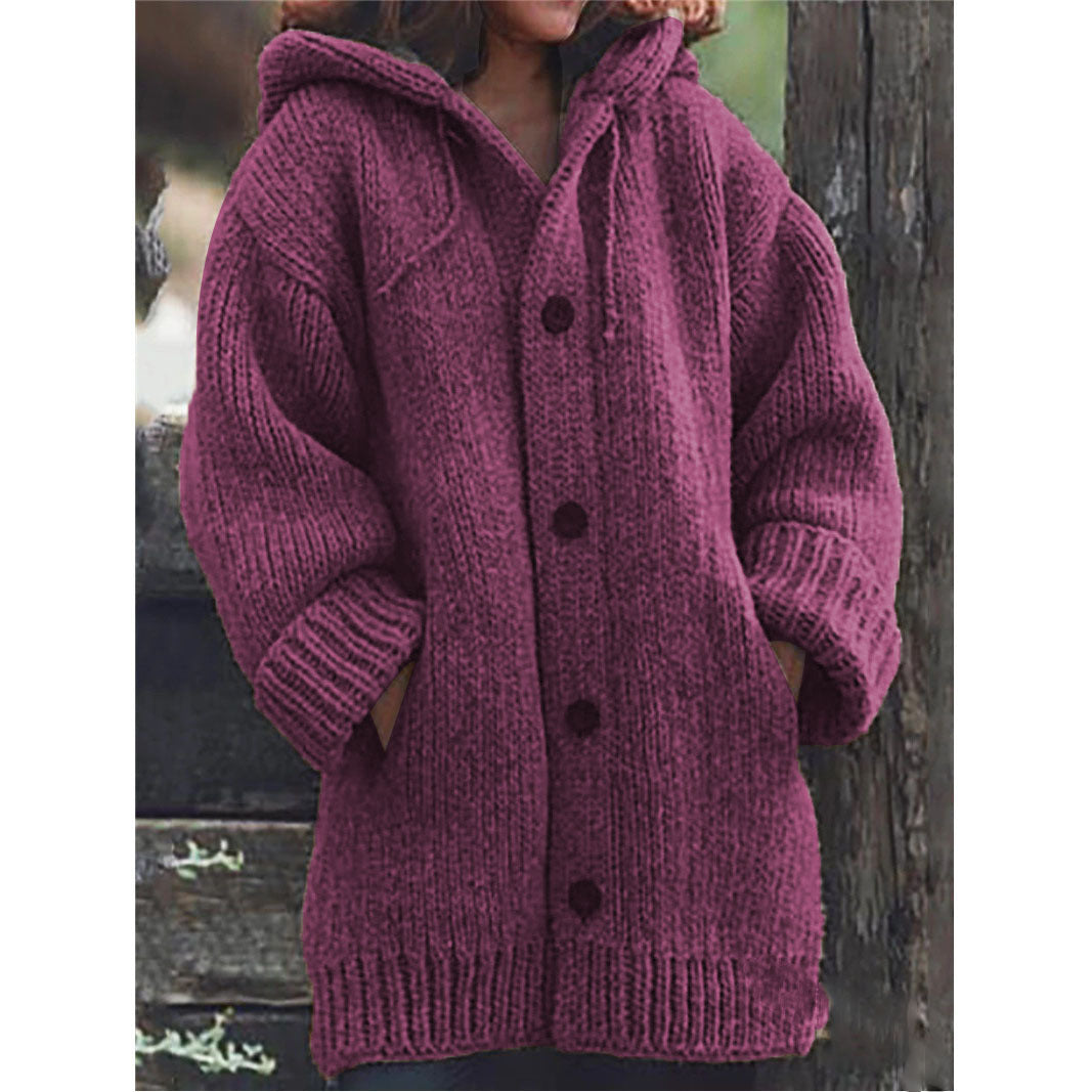 Loose Knitted Mid-length Hooded With Pockets Sweaters