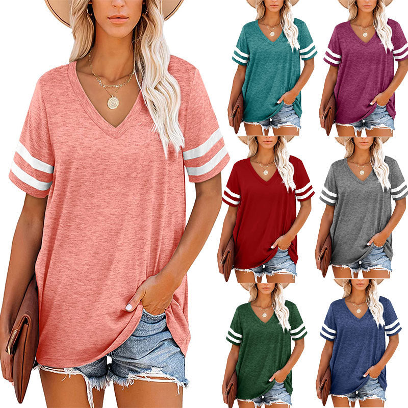 Women's Summer Loose T-shirt Striped Sleeve Blouses