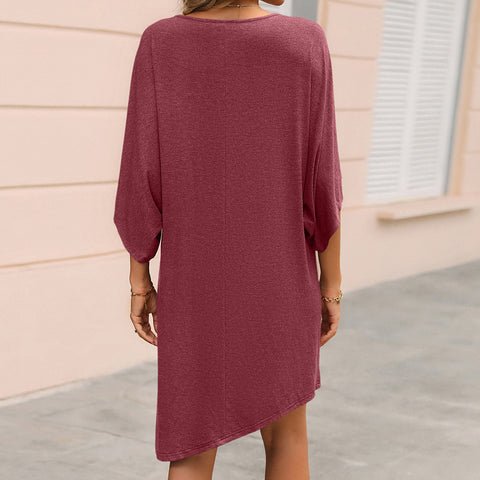 Round Neck Half Sleeve Mid-length Irregular Casual T-shirt Dresses
