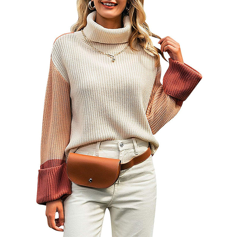 Women's Turtleneck Long Sleeve Color Matching Knitting Sweaters