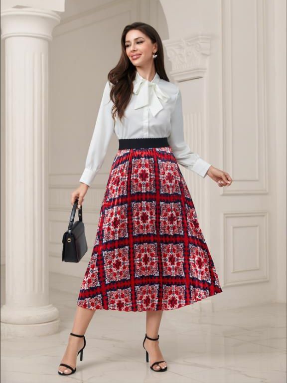 Women's Fashion Autumn Printed High Waist Pleated Skirts