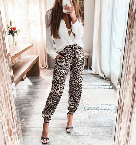 Women's Leopard Print Elastic Waist Leisure Trousers Pants
