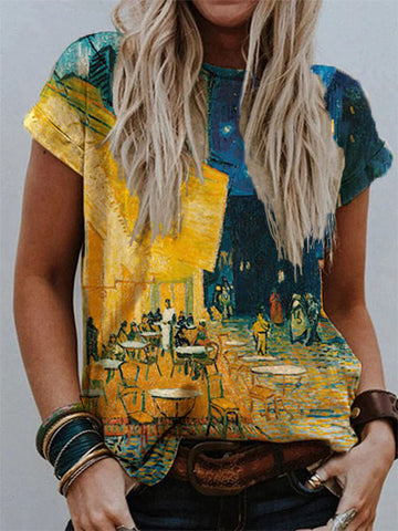 Women's Retro Oil Painting Watercolor Printed Short-sleeved Blouses