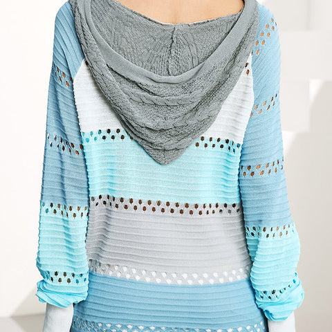 Women's Hooded Knitted Pullover Striped Color Matching Knitwear