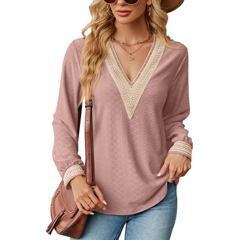 Women's Lace Patchwork Loose Long-sleeved T-shirt Blouses