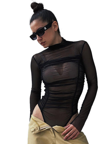 Women's Mesh Turtleneck Long Sleeve Pleated T-shirt Blouses