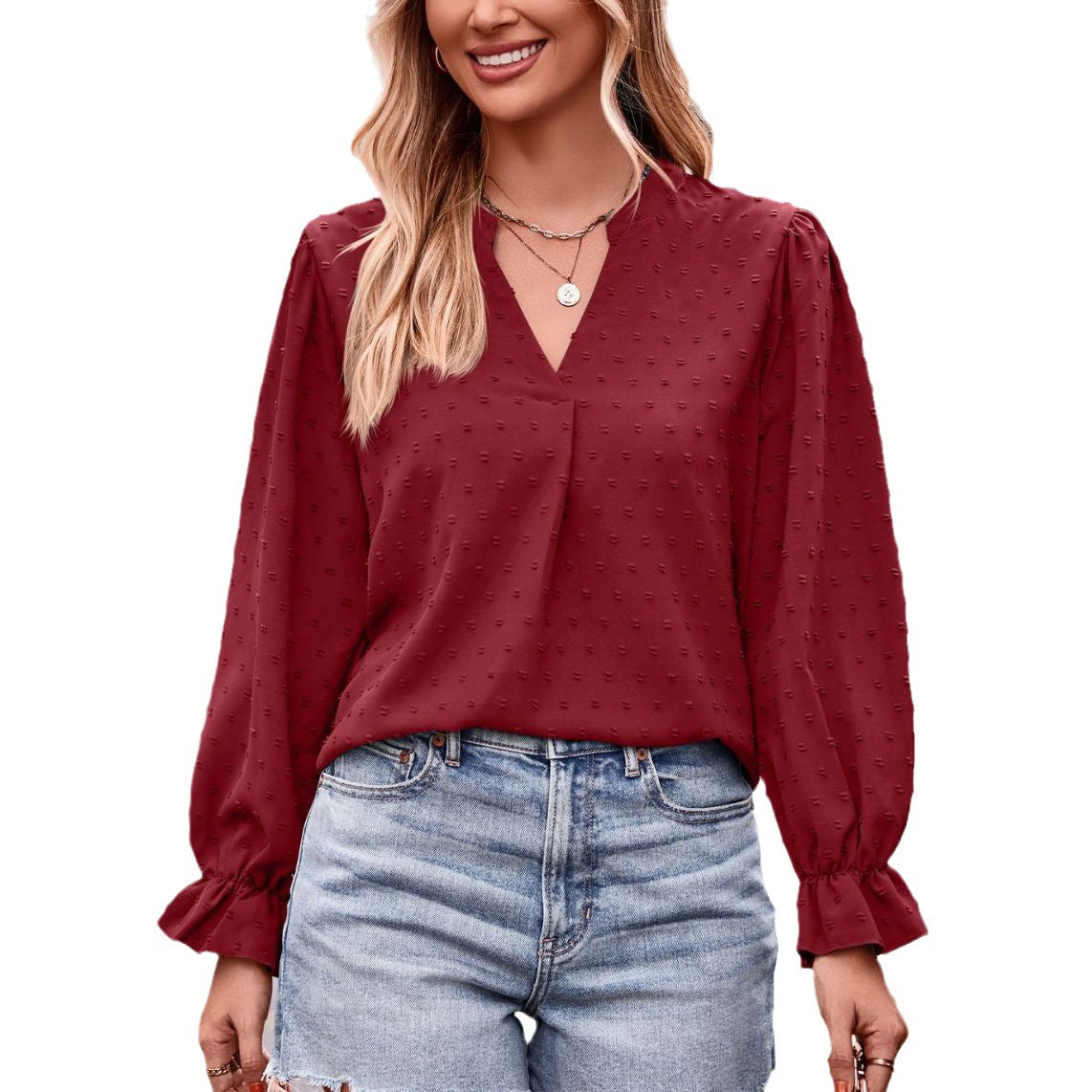 Women's Autumn Jacquard T-shirt Loose Long Sleeve Blouses