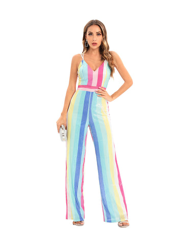 Women's Striped Sequined Deep V One-piece Casual Pants