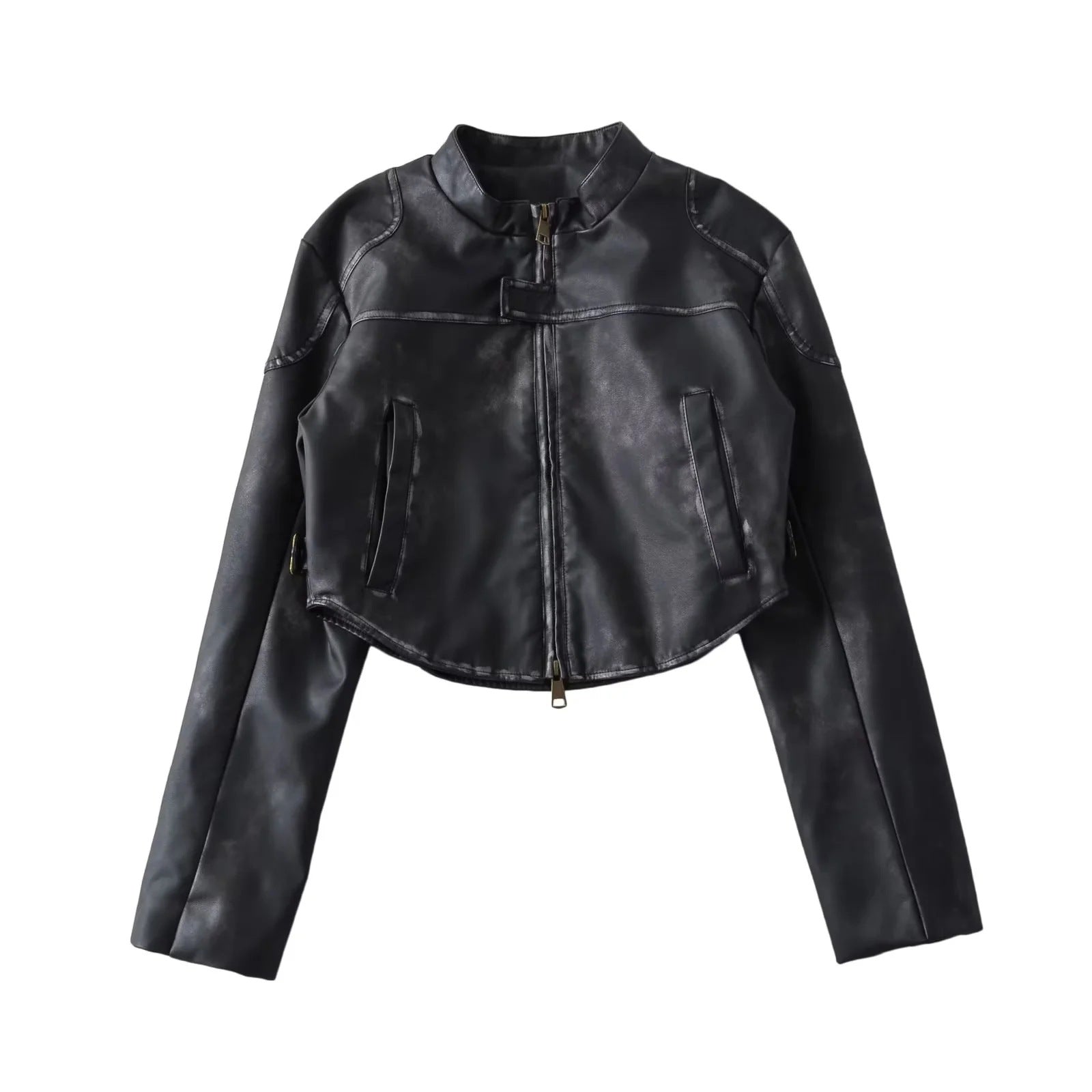 Women's Retro Distressed Leather With Stand Collar Jackets