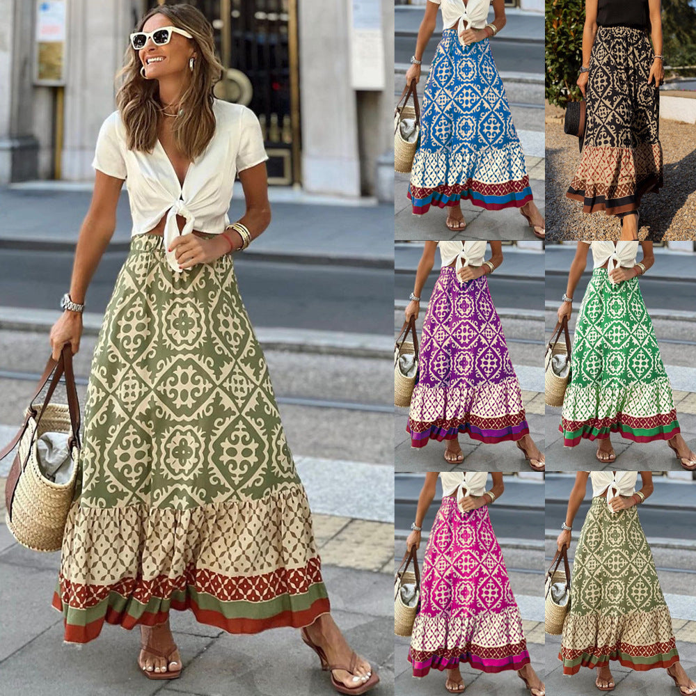 Women's Summer Printed Loose Stitching Large Swing Skirts
