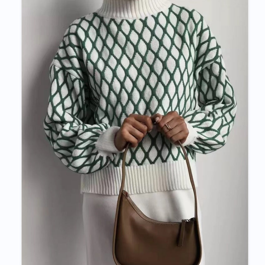 Women's Half Turtleneck Knitted Mesh Pullover Knitwear