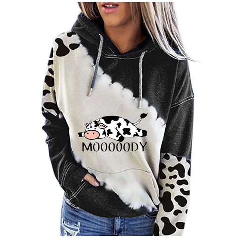 Cow Letter Printing Long Sleeve Hooded Pullover Casual Blouses