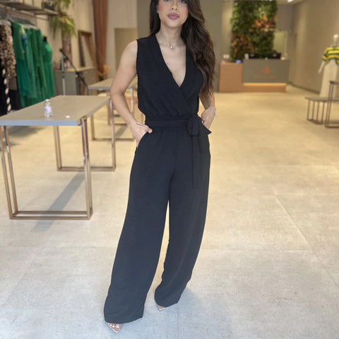 Women's Solid Color And Sleeveless High Waist Loose Wide Jumpsuits