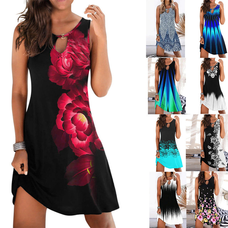 Women's Versatile Summer Mid-skirt Sleeveless Printed Dresses
