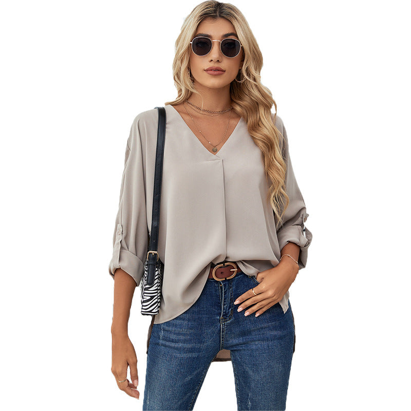 Women's Chiffon Shirt Solid Color Fashion V-neck Long Tops