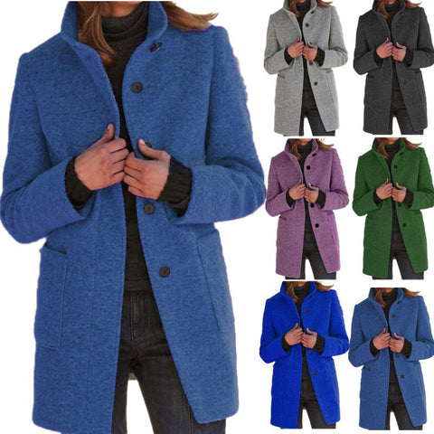 Women's Retro Solid Color Buttons Stand Collar Coats