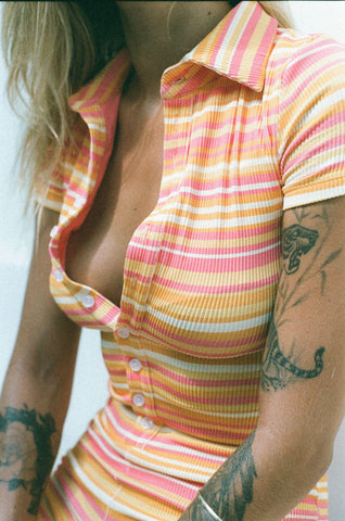 Women's Short-sleeved Button Sunken Stripe Digital Printing Jumpsuits