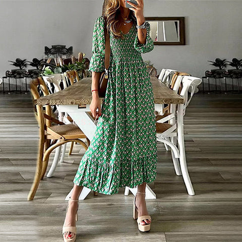 Sleeve Dress Autumn Print Cinched Bell Dresses