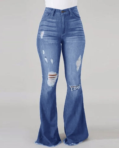 Kreative, hochelastische, ausgestellte Jeans mit zerrissener Taille