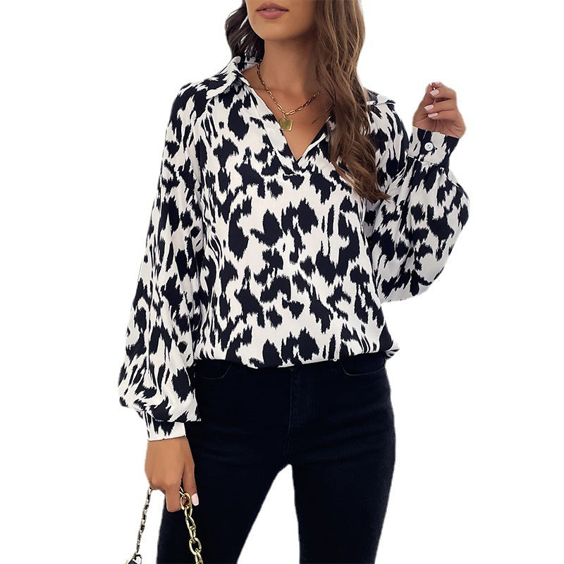Women's Autumn Lapel Shirt Long Sleeve Leopard Print Blouses