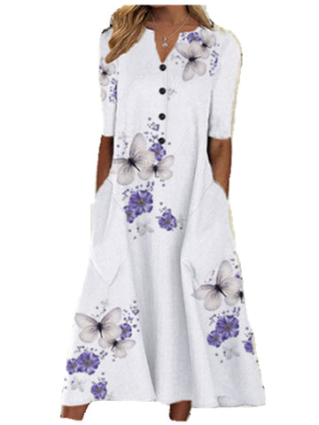 Women's Printed Pocket V-neck Loose Casual Long Dresses