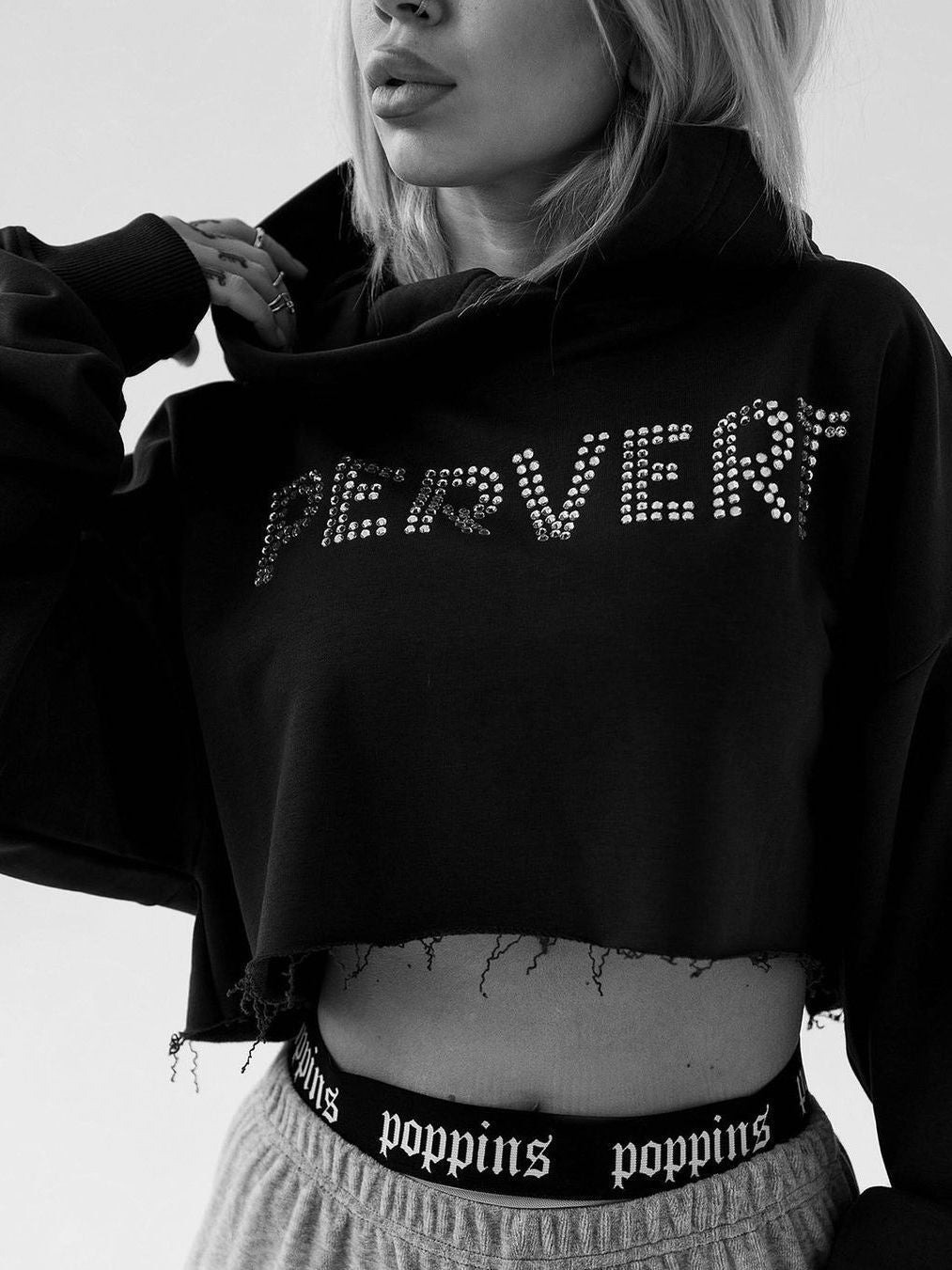 Women's Trendy For Letter Rhinestone Hooded Navel Sweaters