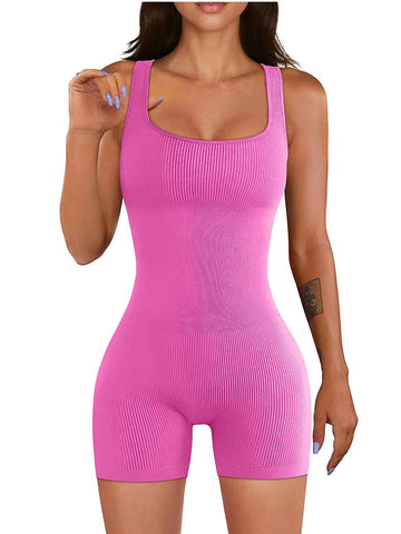 Women's Yoga Workout Ribbed Square Collar Sleeveless Jumpsuits