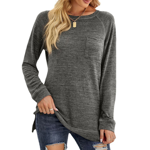 Women's Round Neck Pullover Long Sleeve Pocket Loose-fitting Casual Tops