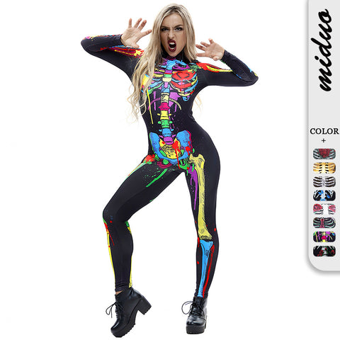 Combinaisons serrées à manches longues avec impression numérique de squelette d'Halloween pour femmes